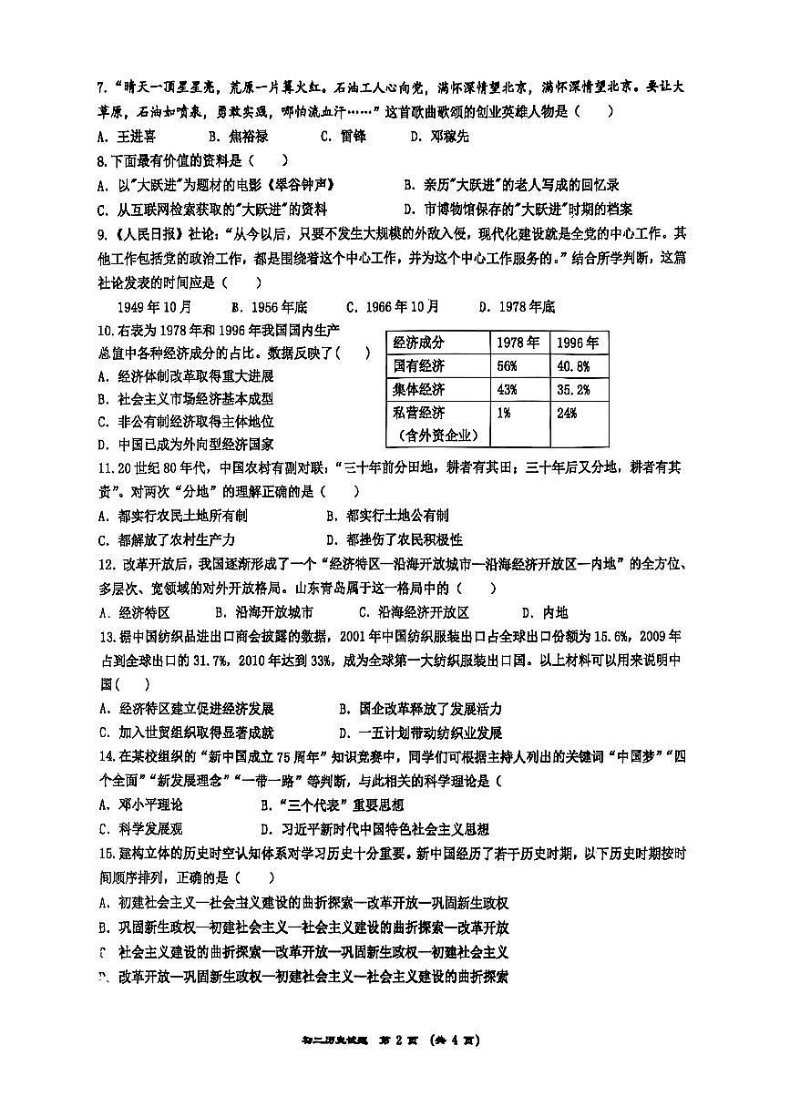 山东省淄博市张店区部分学校2024-2025学年八年级下历史期中试卷第2页