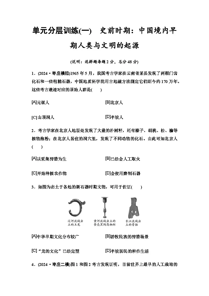 中考历史复习单元分层训练1史前时期：中国境内早期人类与文明的起源第1页