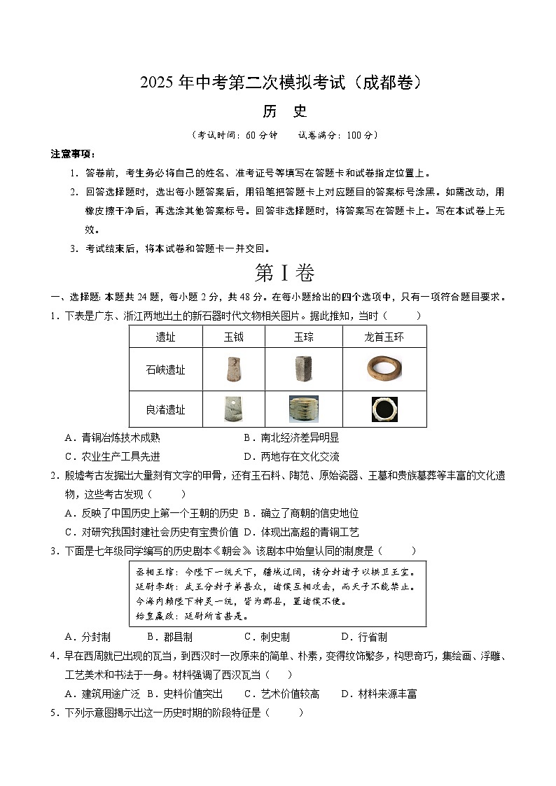2025年中考第二次模拟考试卷：历史（成都卷）（考试版）第1页