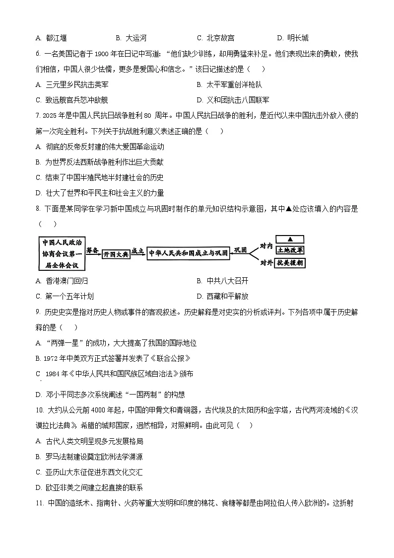 2025年辽宁省大连市高新园区中考一模历史试题（原卷版+解析版）第2页