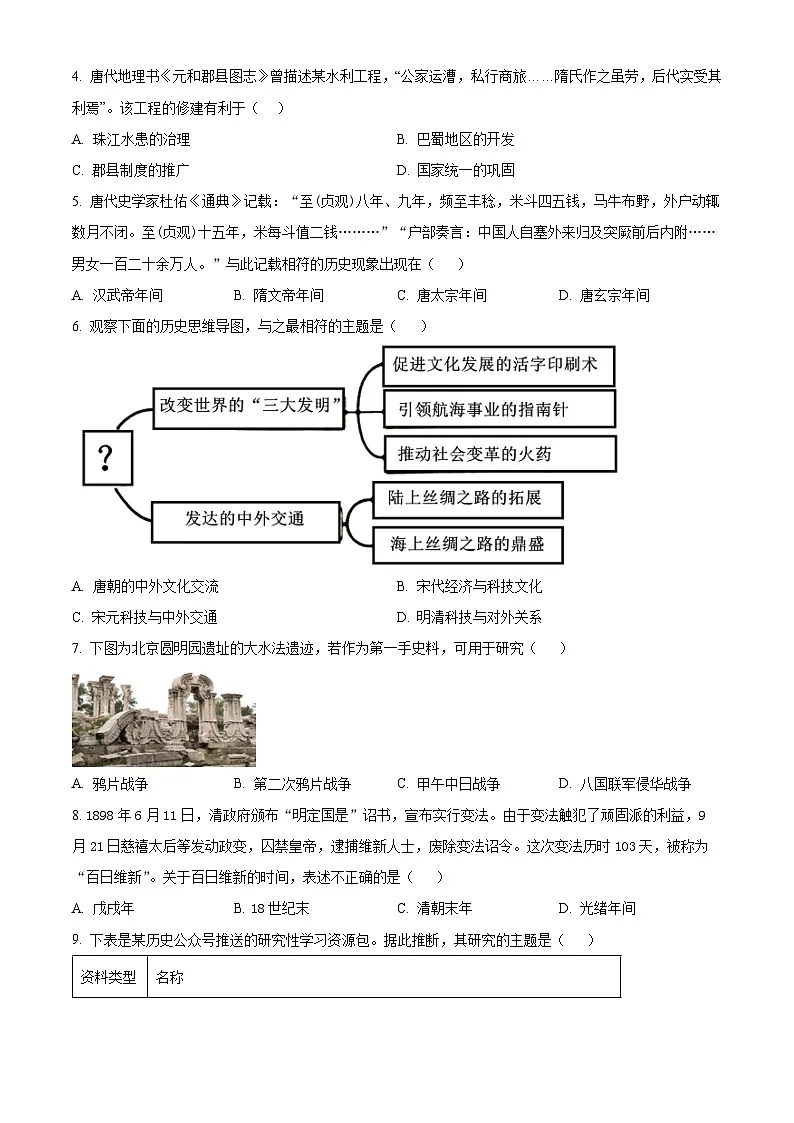 2025年山东省济南市平阴区中考一模历史试题（原卷版+解析版）第2页
