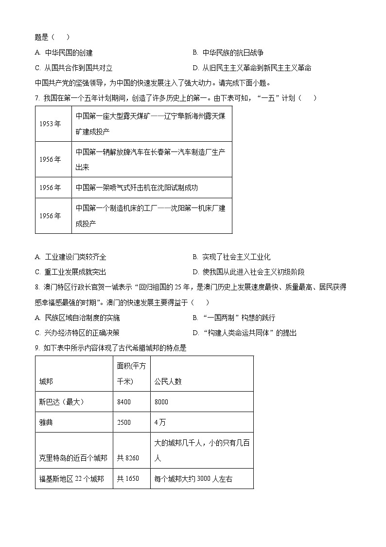 2025年陕西省韩城市中考一模历史试题（原卷版+解析版）第3页