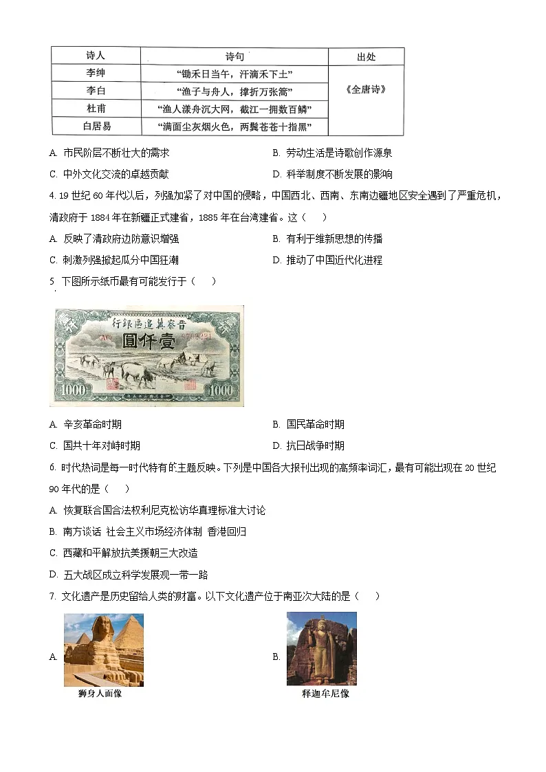 2025年四川省泸州市泸县中考二模历史试题（原卷版+解析版）第2页