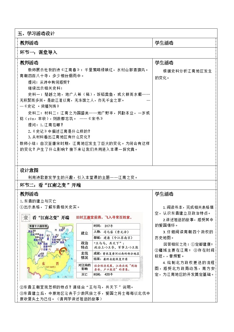 人教版历史七年级上册第18课《东晋南朝政治和江南地区的开发》教学设计第2页