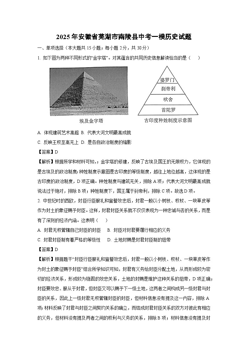 2025年安徽省芜湖市南陵县中考一模历史试卷（解析版）第1页