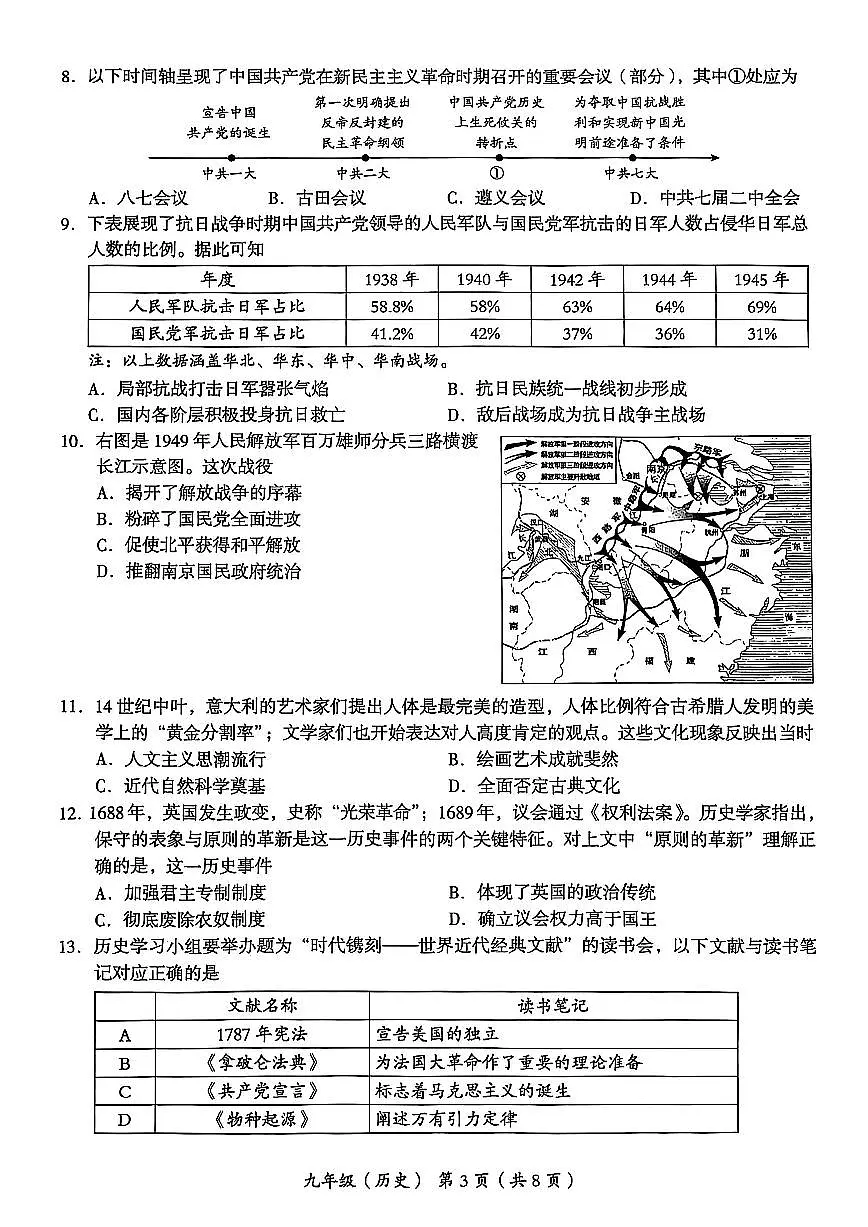 2025届北京市海淀区初三一模 历史试题及答案第3页