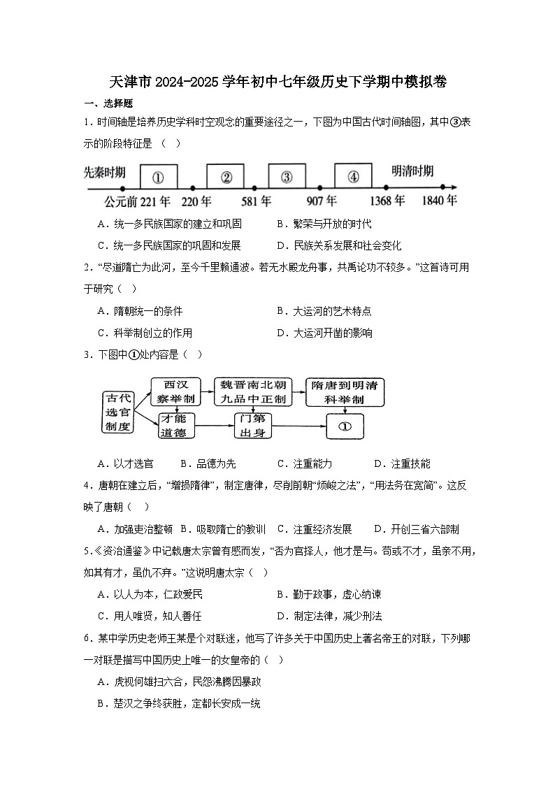 2024—2025学年度天津市七年级下学期中测试历史试题（含答案）第1页