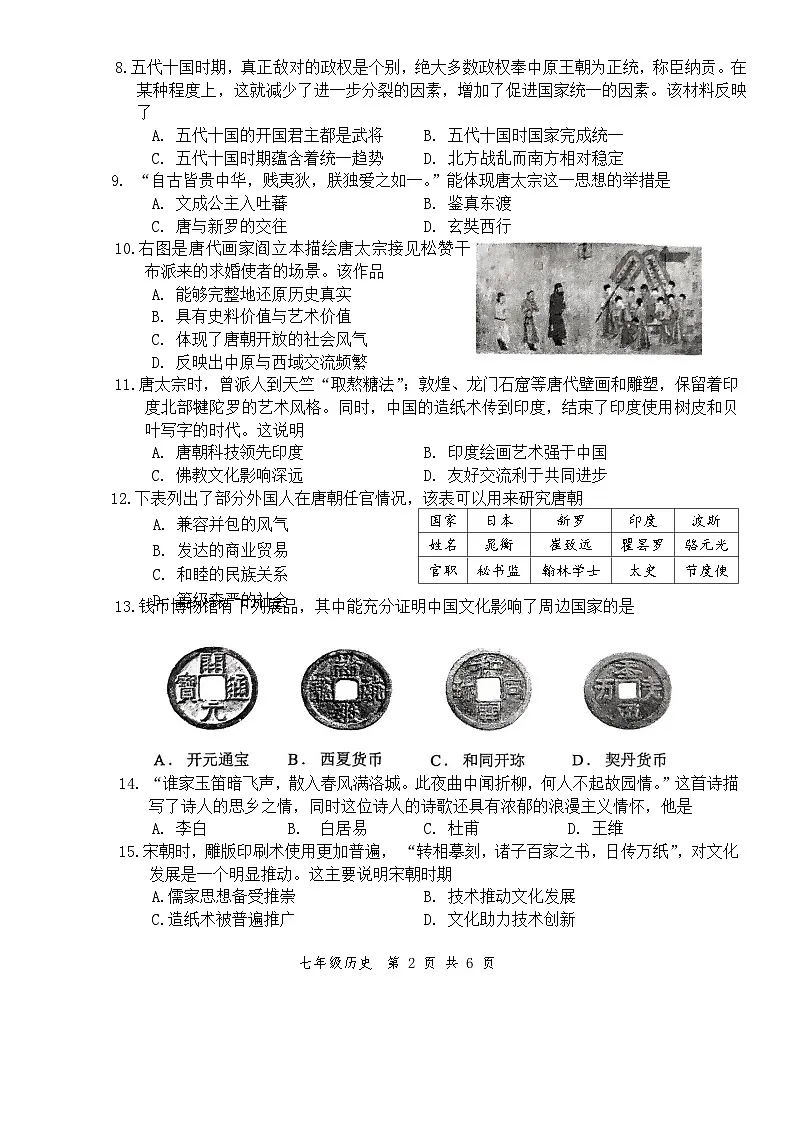 2024—2025学年度江苏南通通州区七年级下学期期中考试历史试题（含答案）第2页