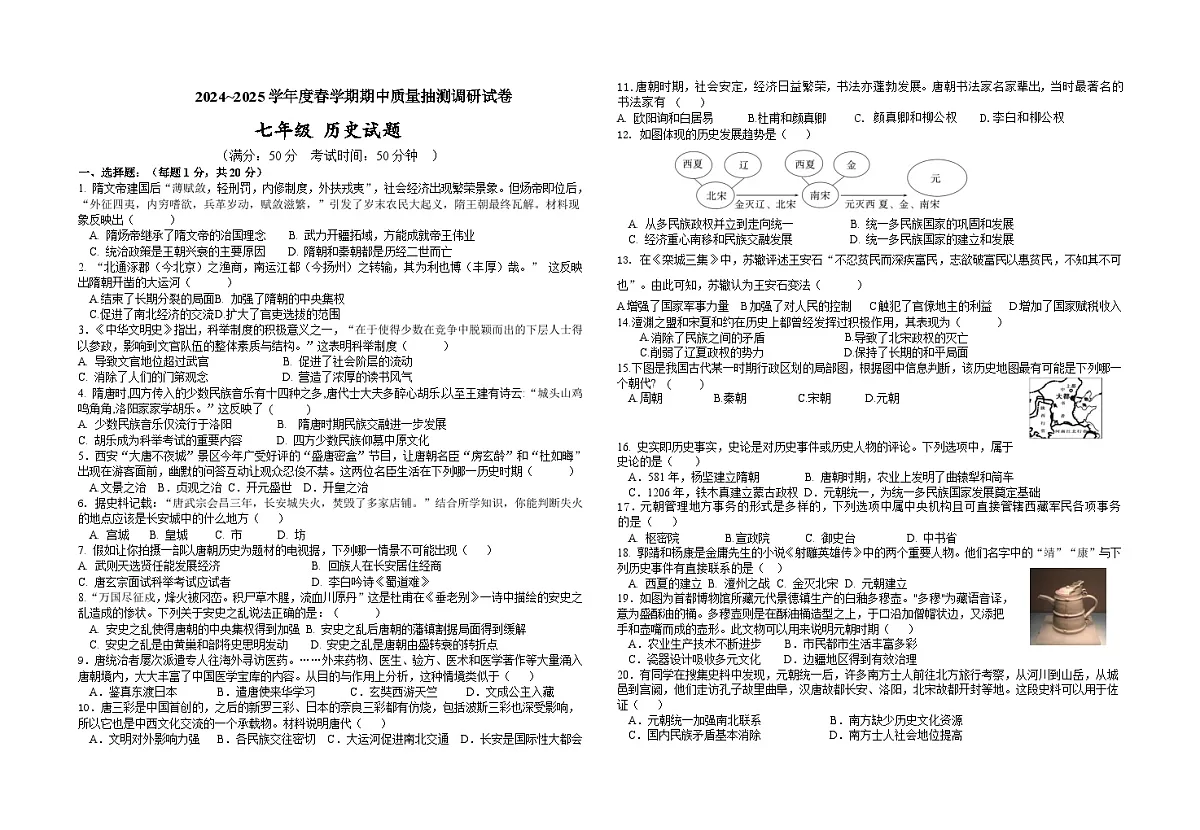 2024—2025学年度江苏省盐城市东台市第五教育联盟七年级下学期期中考试历史试题（含答案）第1页