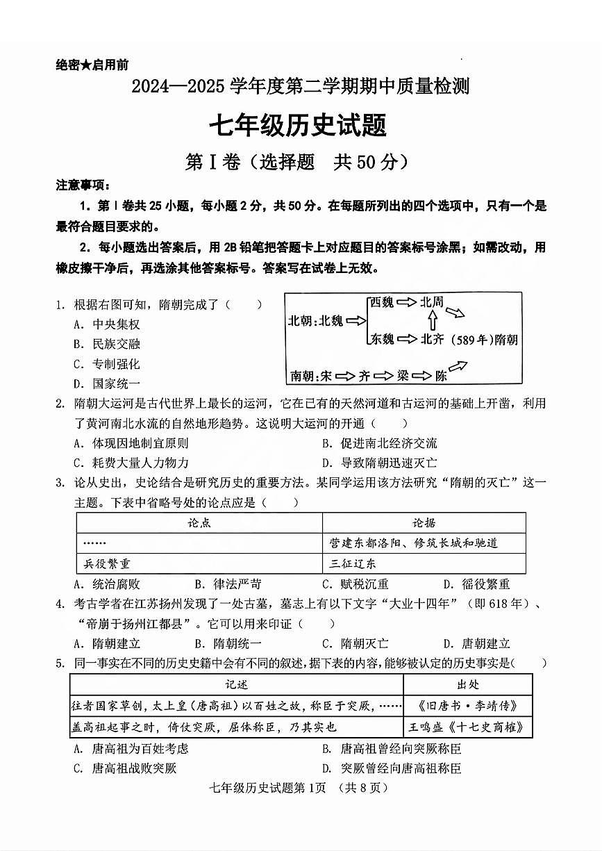 2025年济南市历城区七年级下学期期中历史试题（无答案）第1页