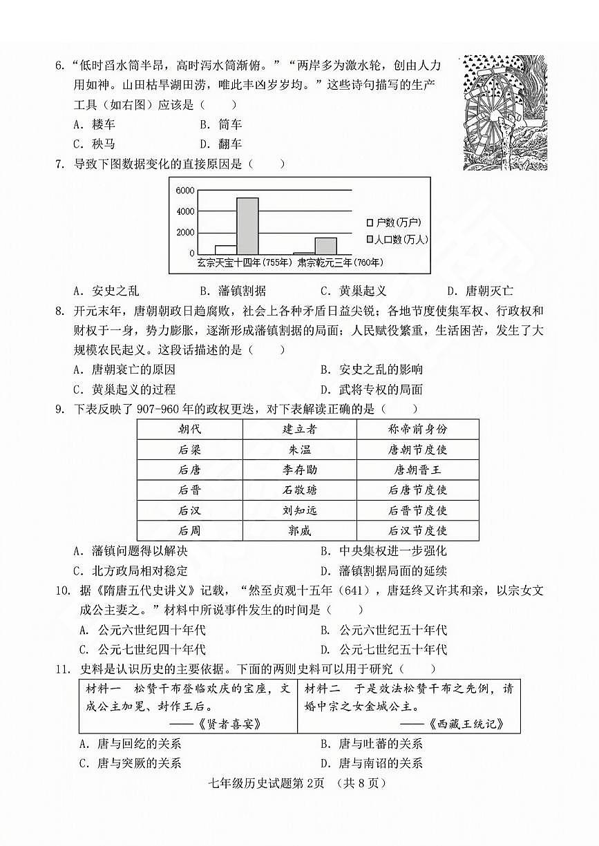 2025年济南市历城区七年级下学期期中历史试题（无答案）第2页