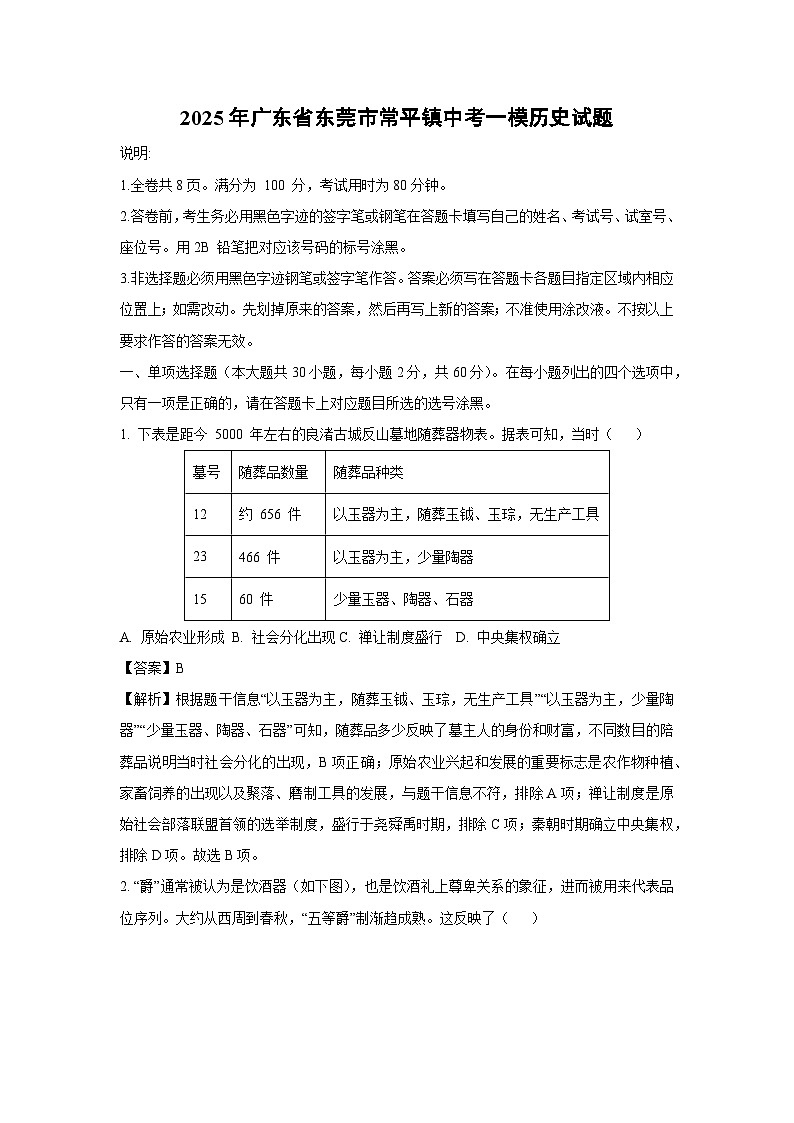 2025年广东省东莞市常平镇中考一模历史试题（解析版）第1页