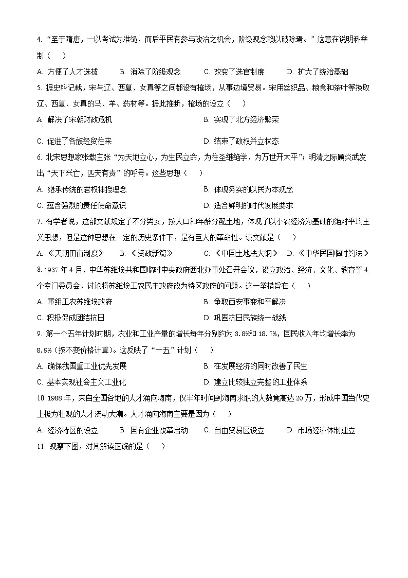 2025年安徽省亳州市蒙城县中考二模历史试题（中考模拟）第2页