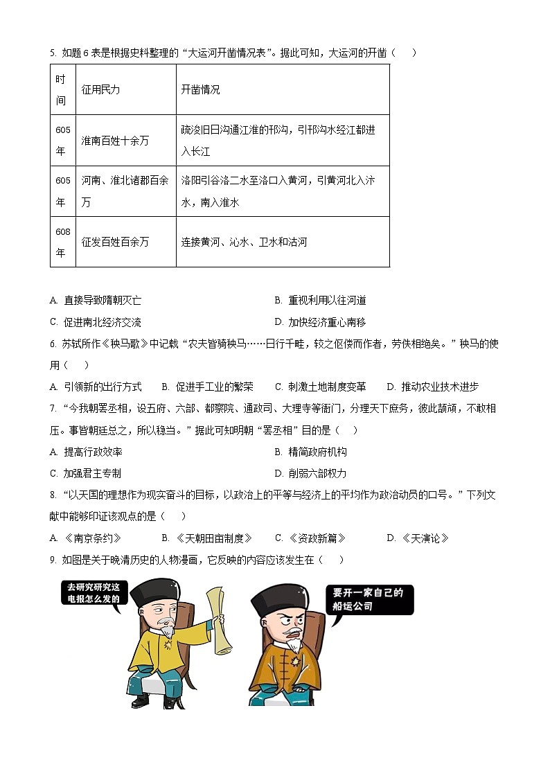 2025年江苏省扬州市江都区中考一模历史试题（原卷版+解析版）（中考模拟）第2页