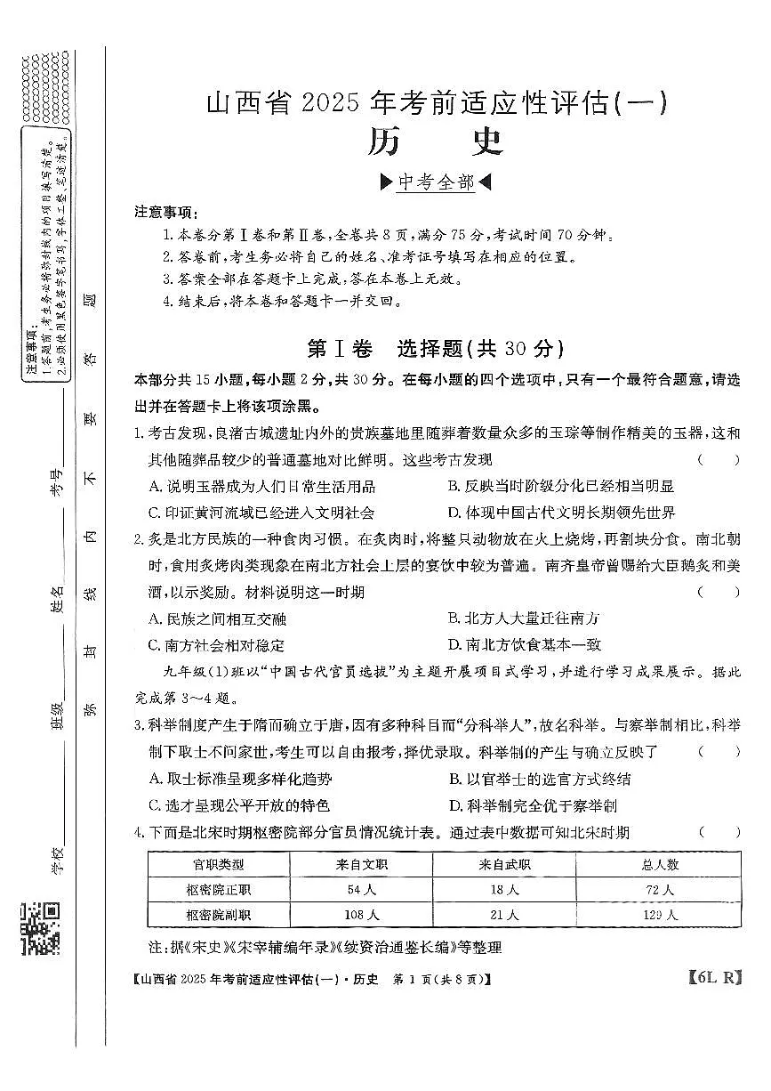 2025年山西省中考适应性测试卷历史试卷含答案第1页