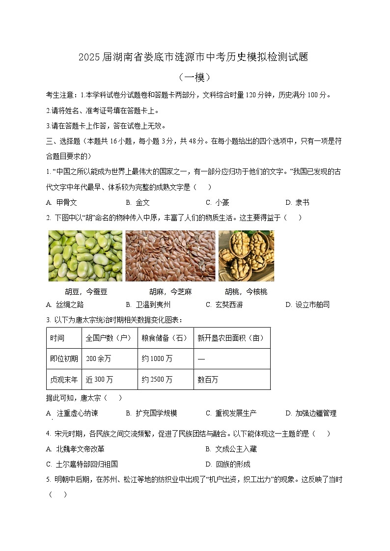 2025届湖南省娄底市涟源市中考历史模拟检测试题（一模）含答案第1页