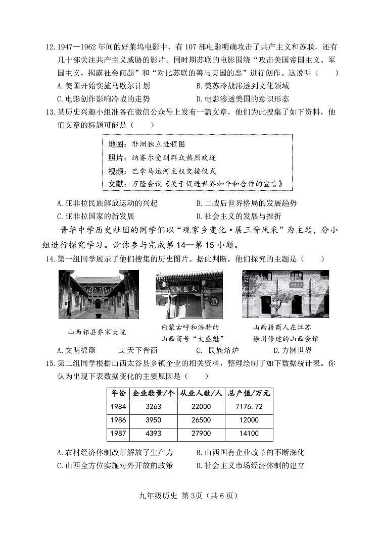 2025年山西省中考模拟历史试题含答案第3页