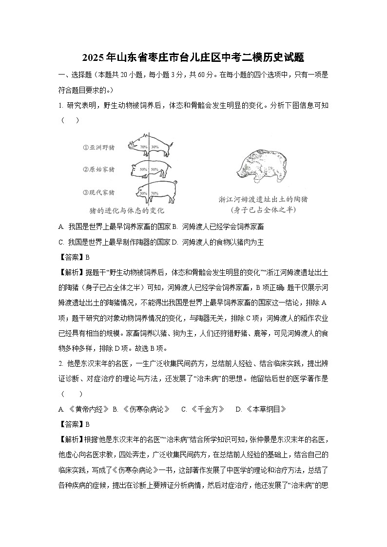 2025年山东省枣庄市台儿庄区中考二模历史试卷（解析版）第1页
