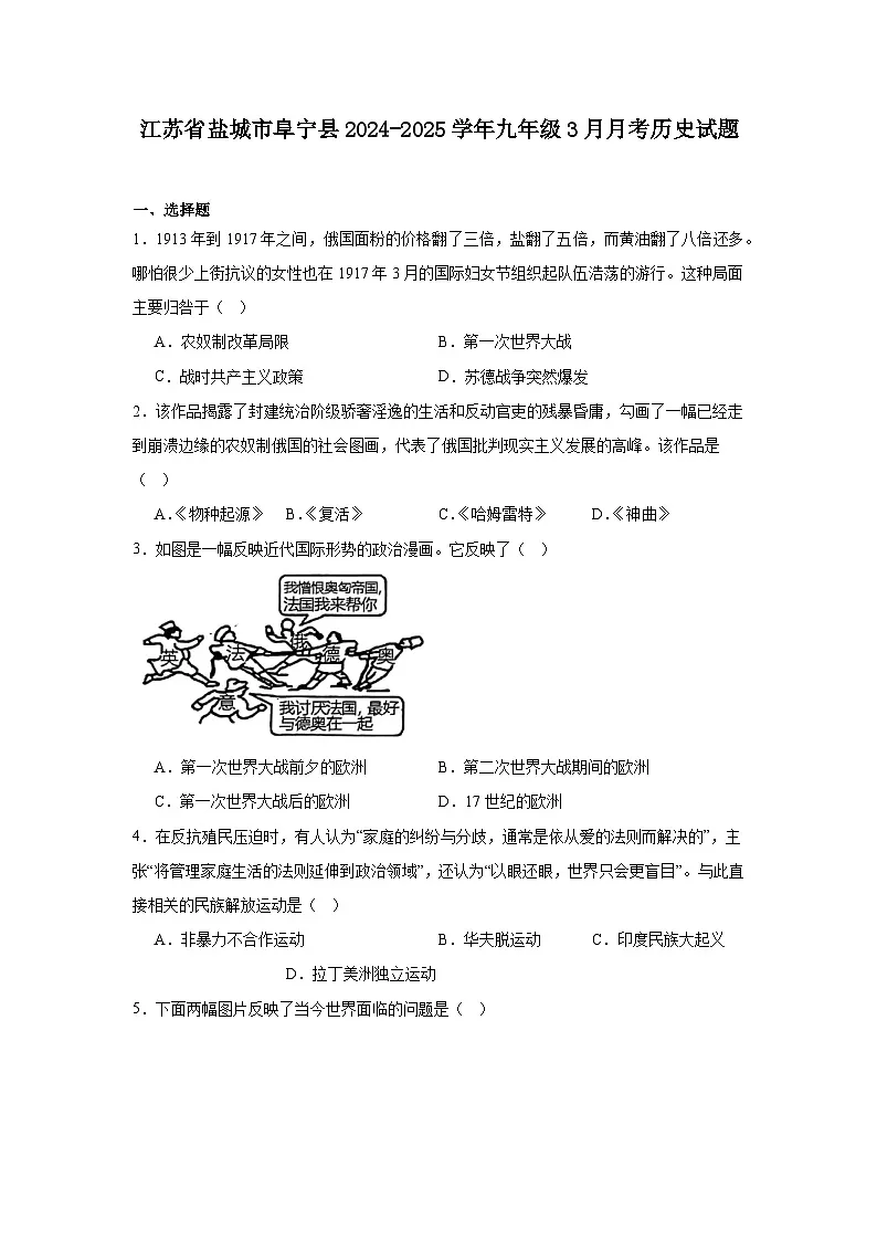 江苏省盐城市阜宁县2024—2025学年度九年级3月月考历史试题（中国史_世界史）（含答案）第1页