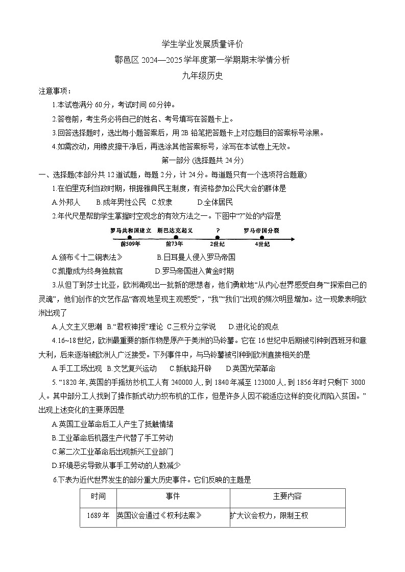 陕西省西安市鄠邑区2024—2025学年度九年级上学期1月期末历史试题（世界史）（含答案）第1页