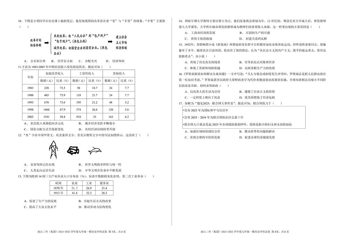 深圳市南山二外（集团）2024-2025学年九年级一模历史学科试卷+答案第2页
