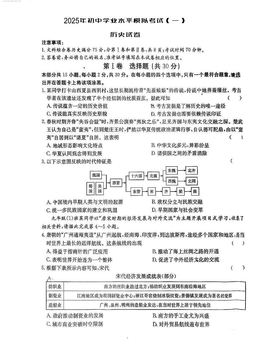 2025年中考模拟试卷历史试卷含答案第1页