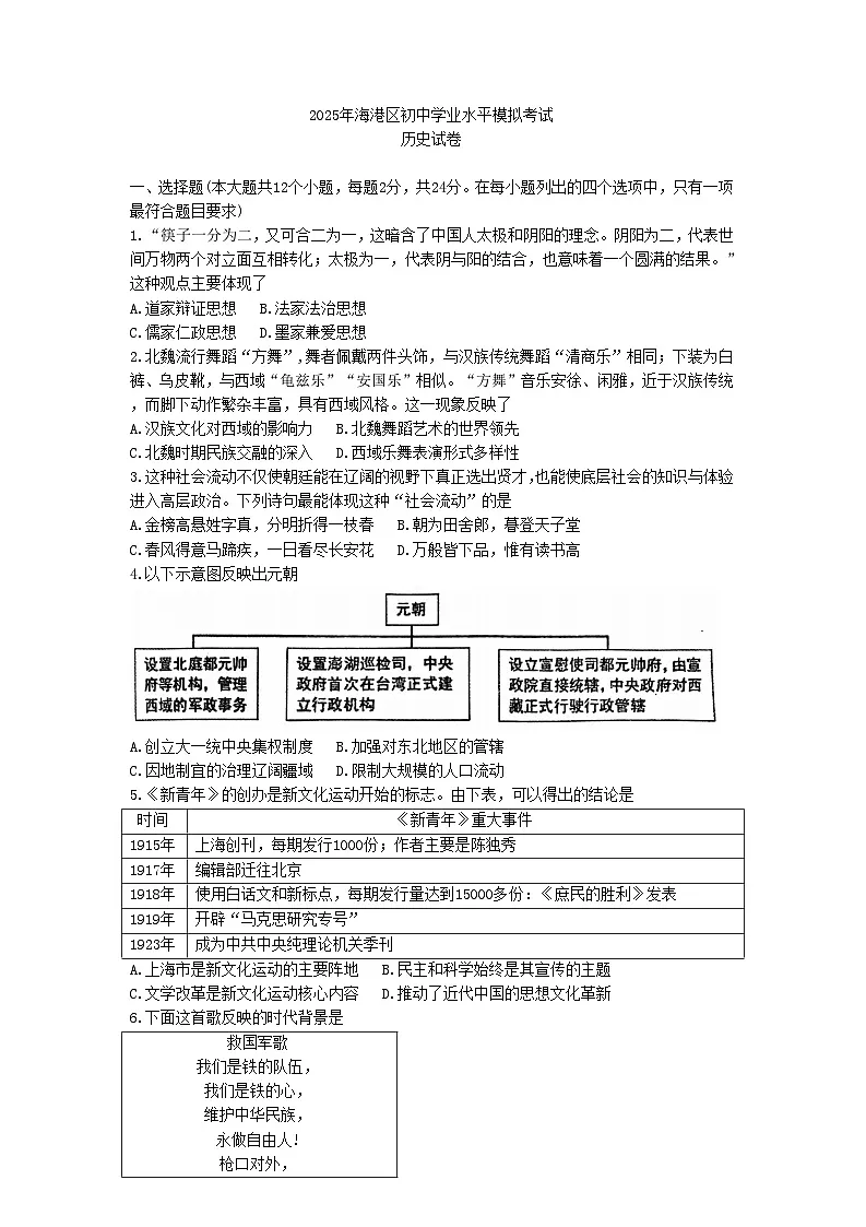 2025年秦皇岛市海港区中考一模历史试题及答案第1页