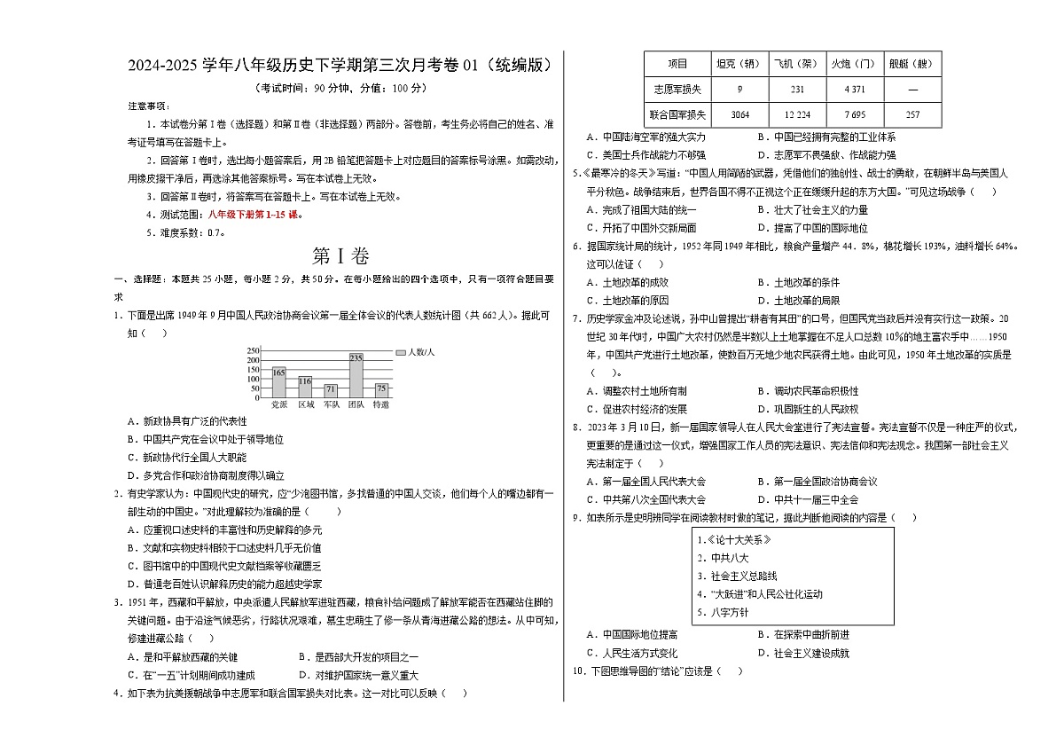 八年级历史月考卷01（考试版A3）【范围：八下1~15课】第1页