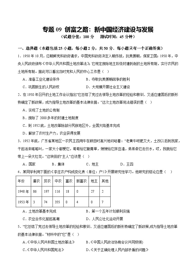 中考历史二轮复习专题09 创富之路：新中国经济建设与发展测试（含答案）第1页