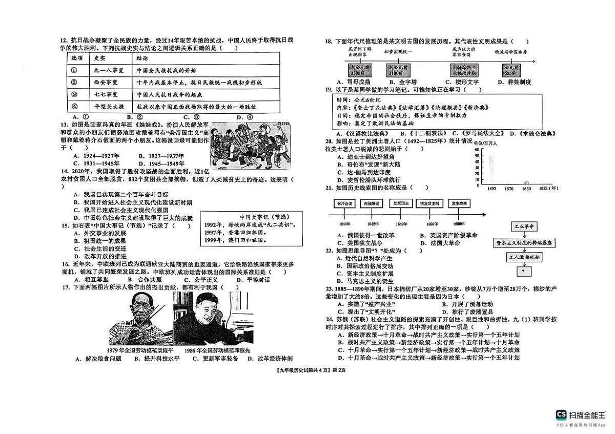 山东省德州市宁津县2024-2025学年下学期九年级历史第二次模拟考试试题（图片版，含答案）第2页