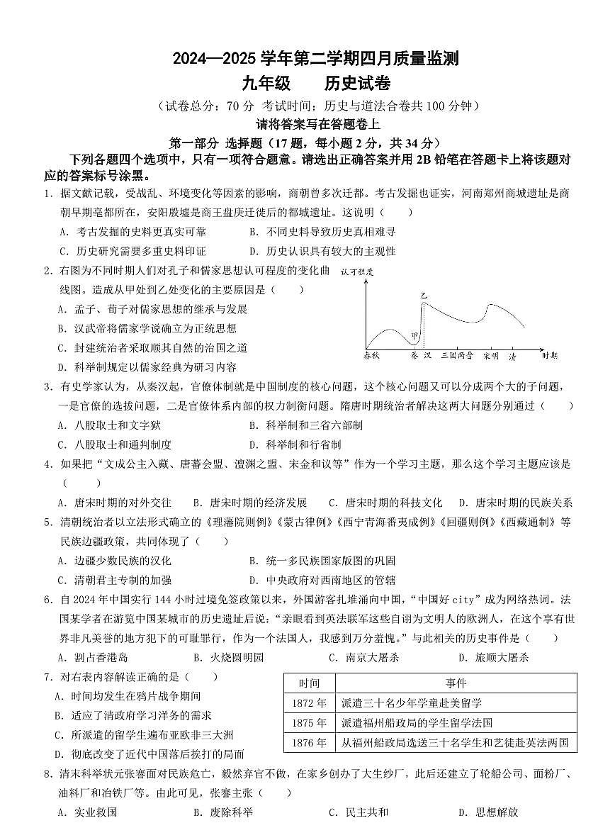 2025年4月深圳市南山外国语学校集团初三4月质量监测历史试卷第1页