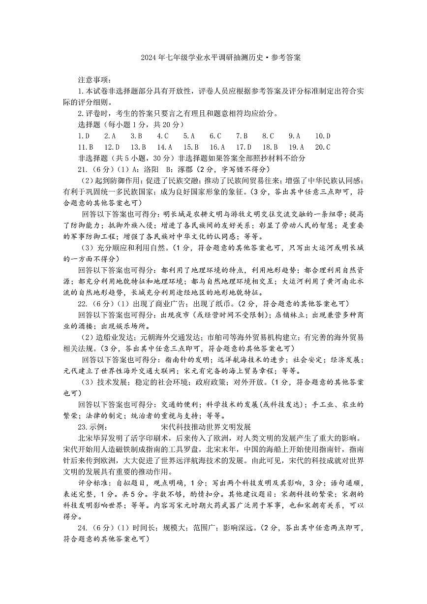 历史2024年七年级学业水平调研抽测答案第1页