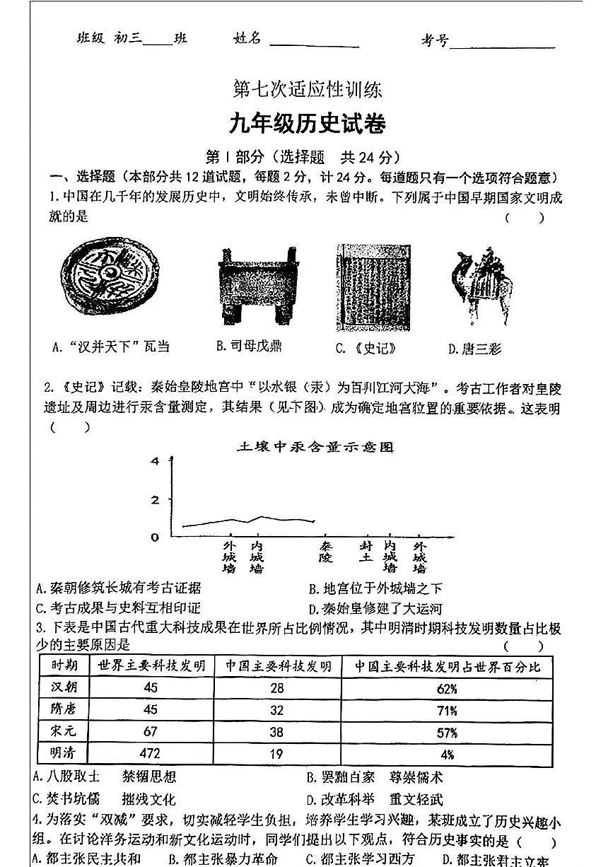 2025年陕西省西安市工业大学附属中学中考七模历史试题（中考模拟）第1页
