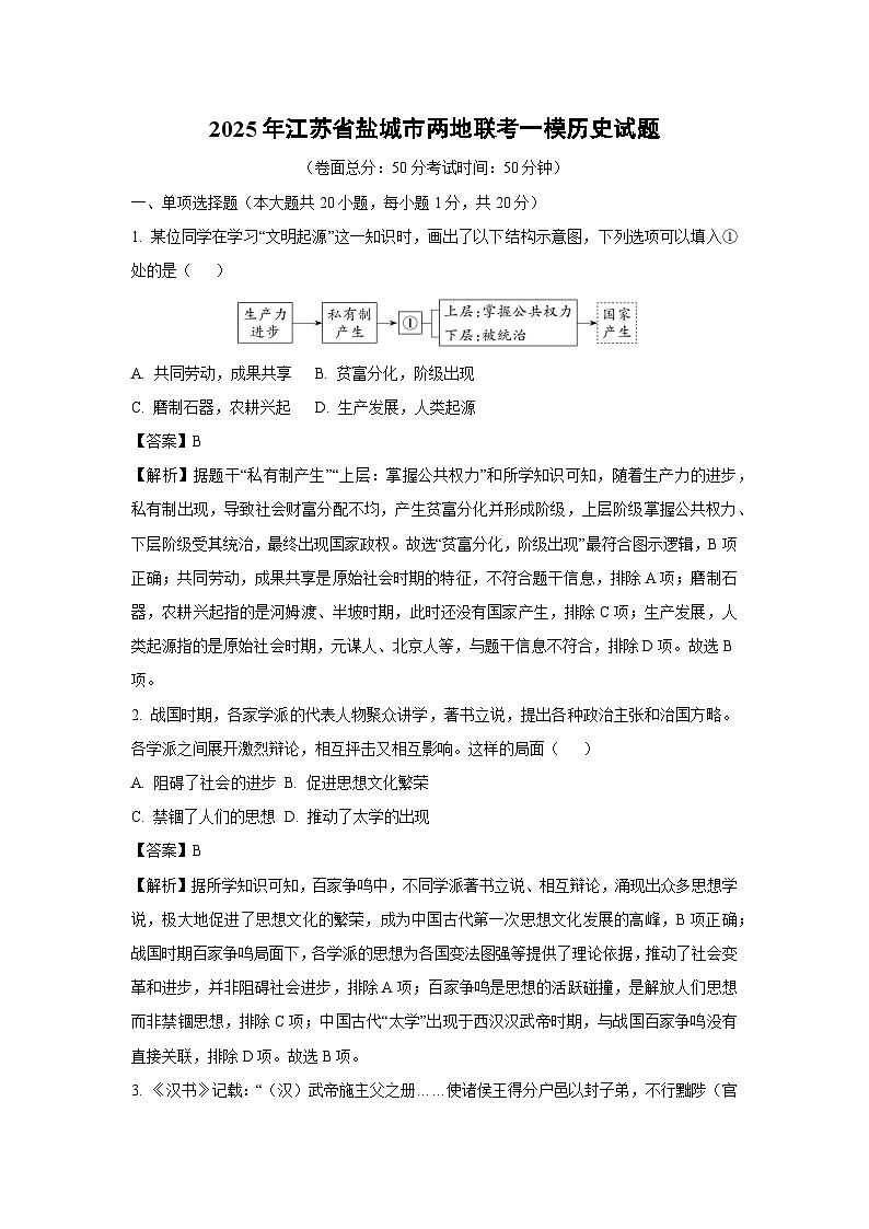 2025年江苏省盐城市两地联考中考一模历史试卷（解析版）第1页
