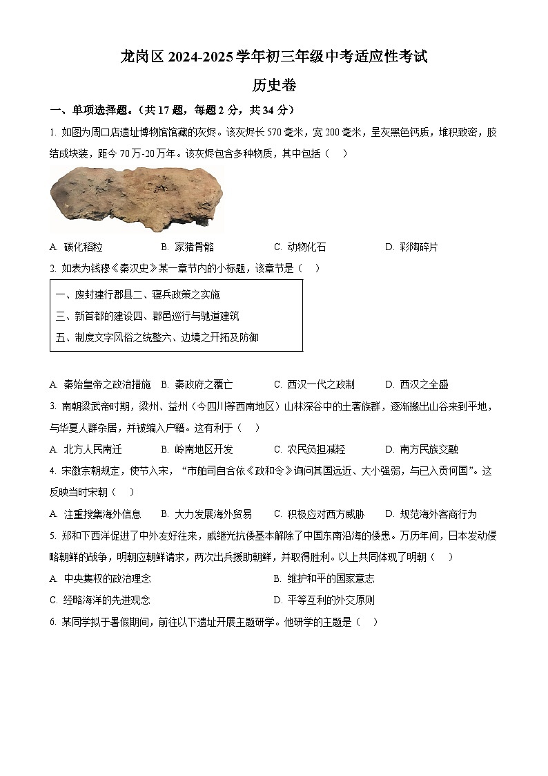 2025年广东省深圳市龙岗区中考二模历史试题（中考模拟）第1页