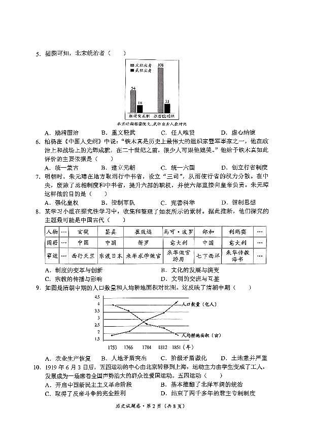 云南省昆明市西山区2025年初中学业水平二模历史试卷（部编版，无答案）第2页