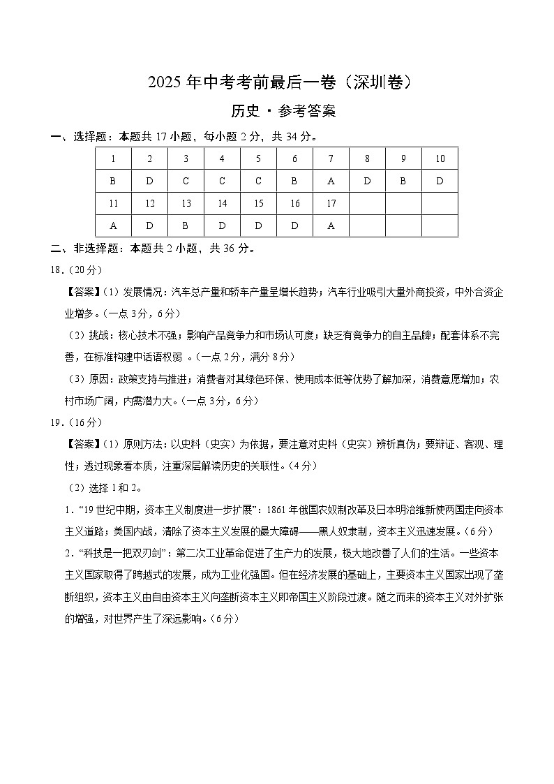 历史（深圳卷）（参考答案）第1页
