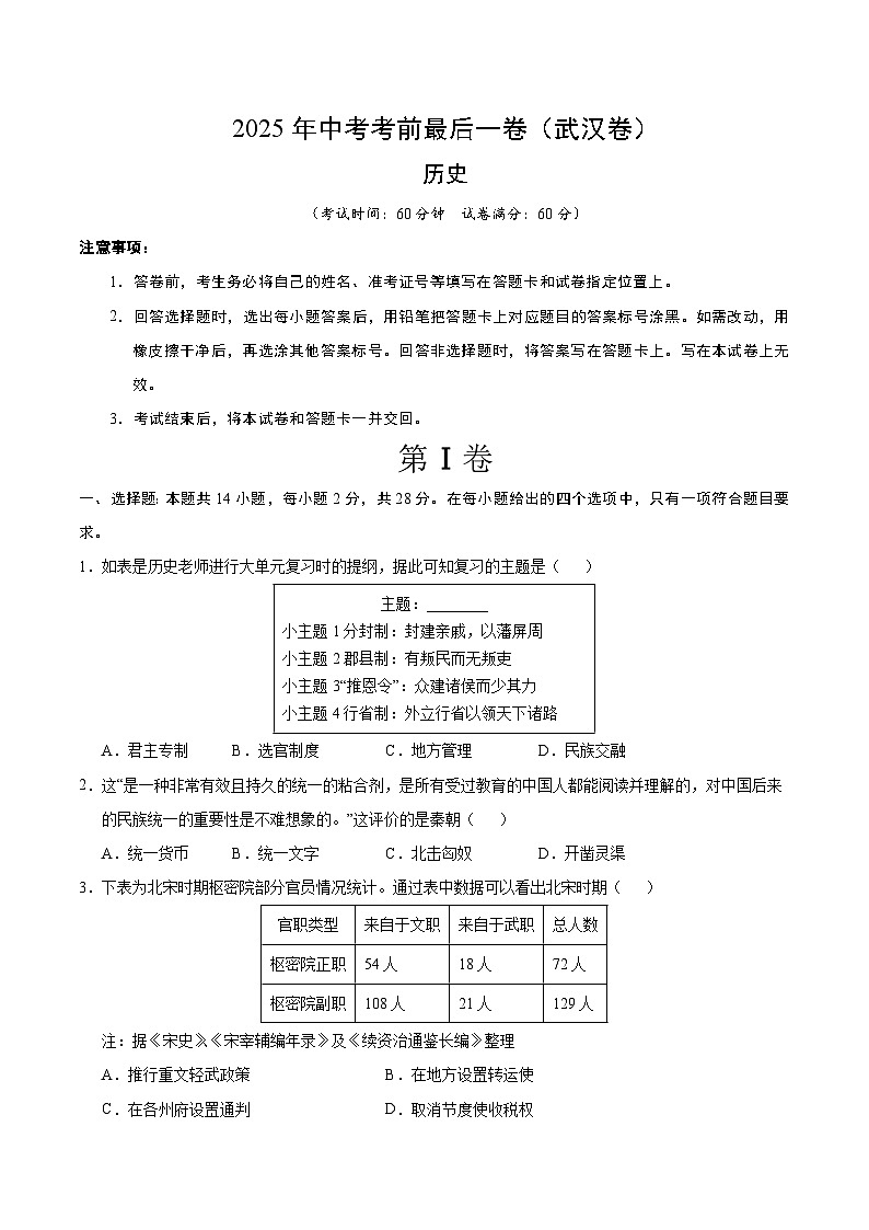 历史（武汉卷）（考试版A4）第1页