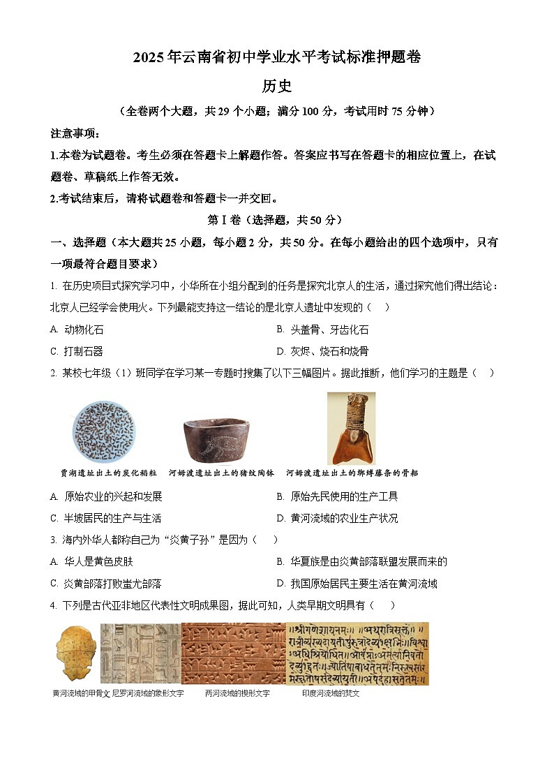 2025年云南省楚雄彝族自治州武定县中考二模历史试题（中考模拟）第1页