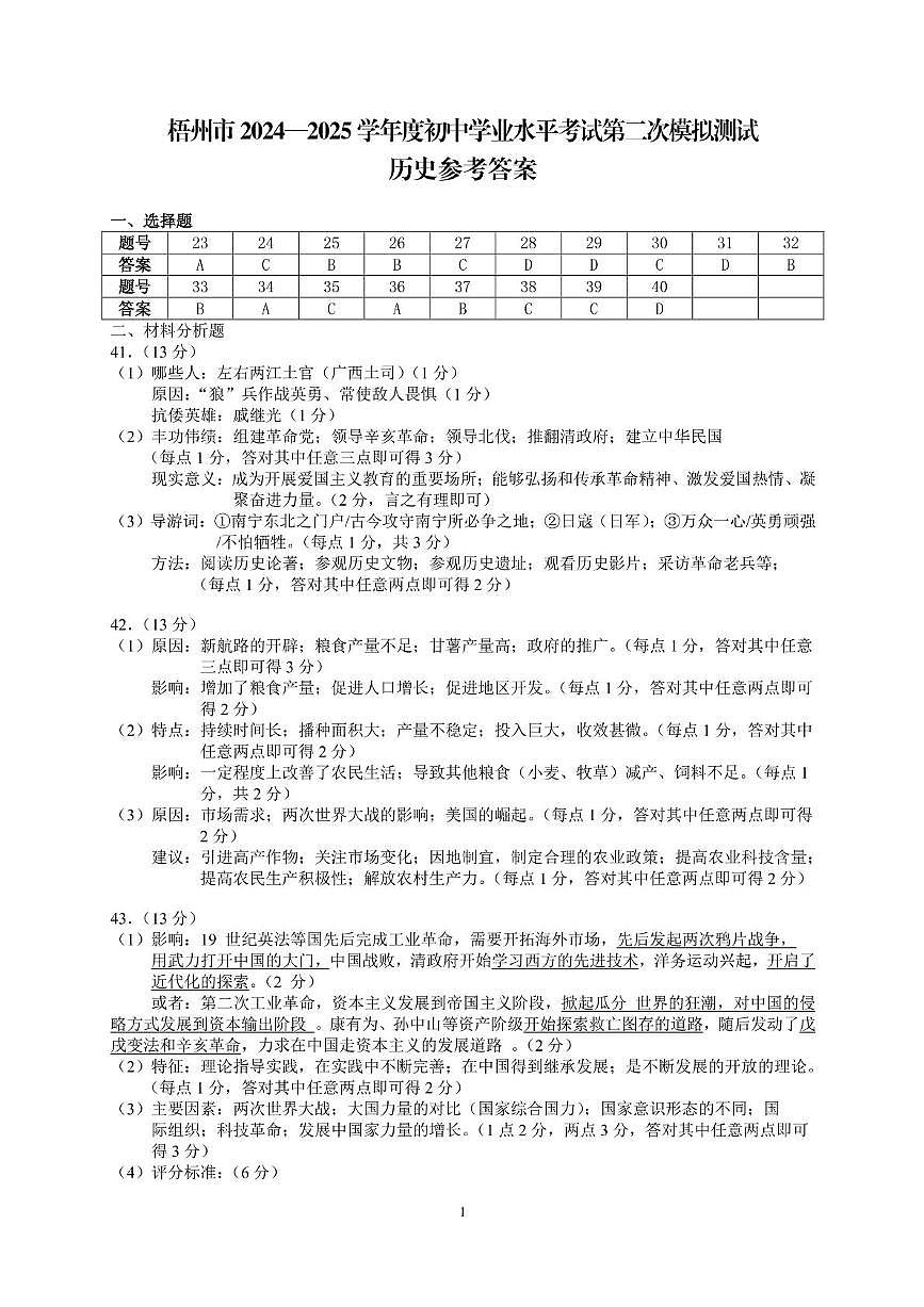 历史 梧州市2024—2025学年度初中学业水平考试第二次模拟测试（历史答案)第1页