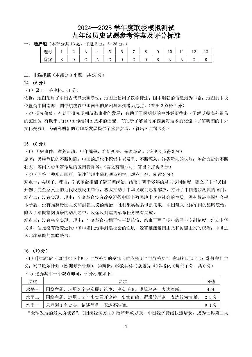 2025年江苏省徐州市区中考二模历史试题答案第1页
