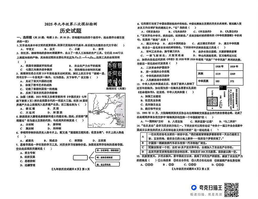 2025年山东省德州市德城区中考二模历史试题第1页