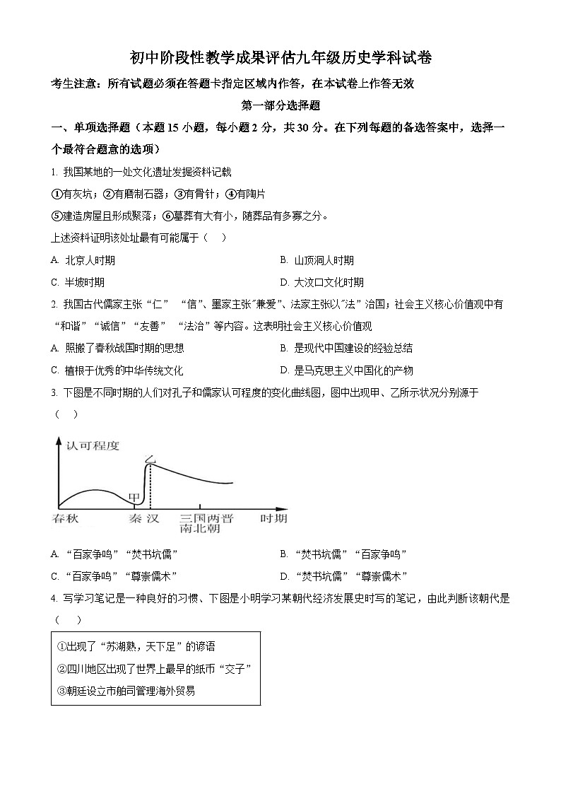 山东烟台长岛第一实验学校2025年初中阶段性教学成果评估九年级历史学科试卷及答案第1页