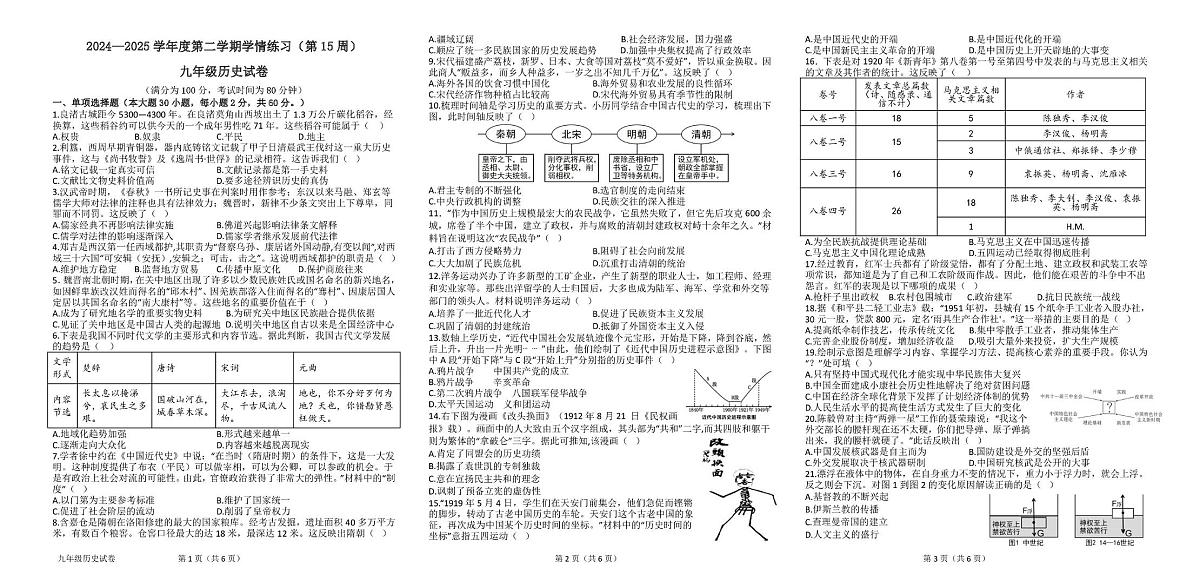 2025年广东省茂名市高州市第15周联考二模历史试题（中考模拟）第1页
