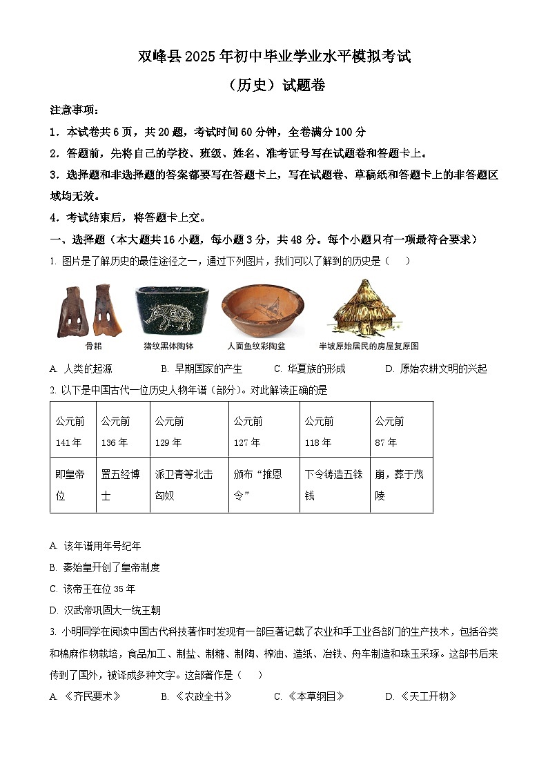2025年湖南省娄底市双峰县中考二模历史试题（中考模拟）第1页