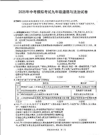 2025年安徽省蚌埠市部分学校中考三模道德与法治试卷（PDF版，含答案）第1页