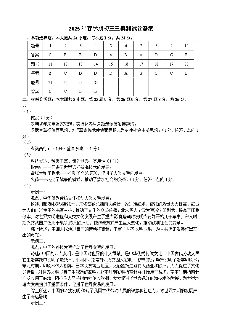 2025年春学期初三三模测试卷答案第1页
