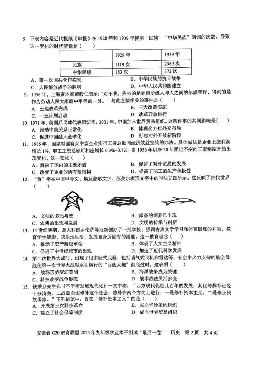 2025年安徽省C20教育联盟九年级学业水平测试最后一卷历史试题（中考模拟 ）第2页