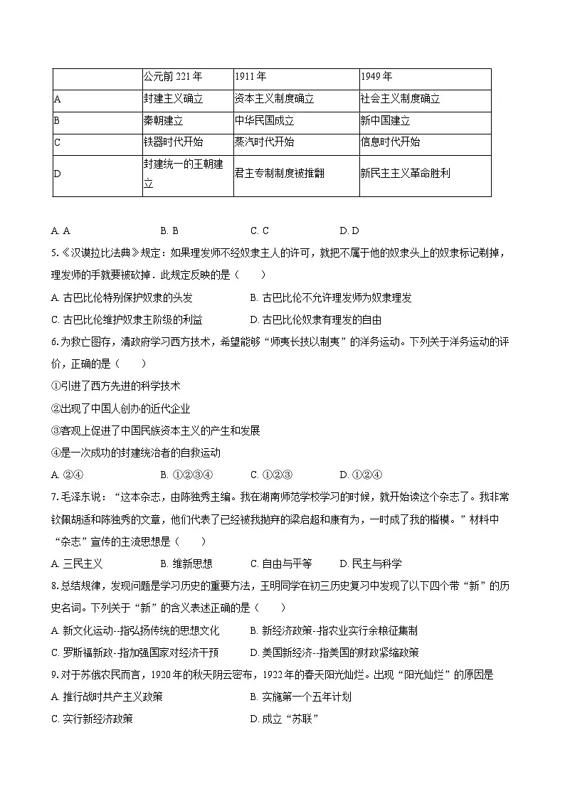2025年陕西省中考历史考前压轴试卷（含答案）第2页