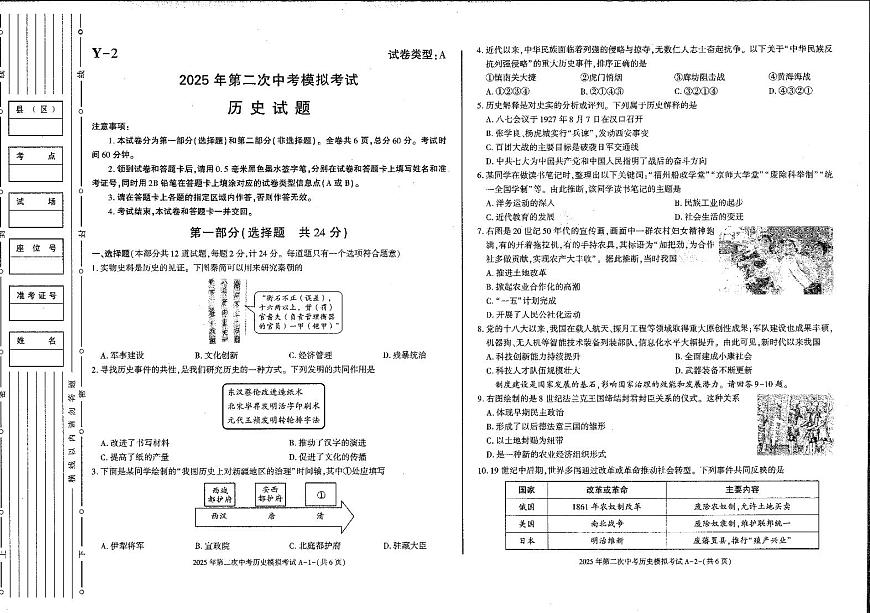 2025陕西省榆阳区中考模拟二历史试卷含答案第1页